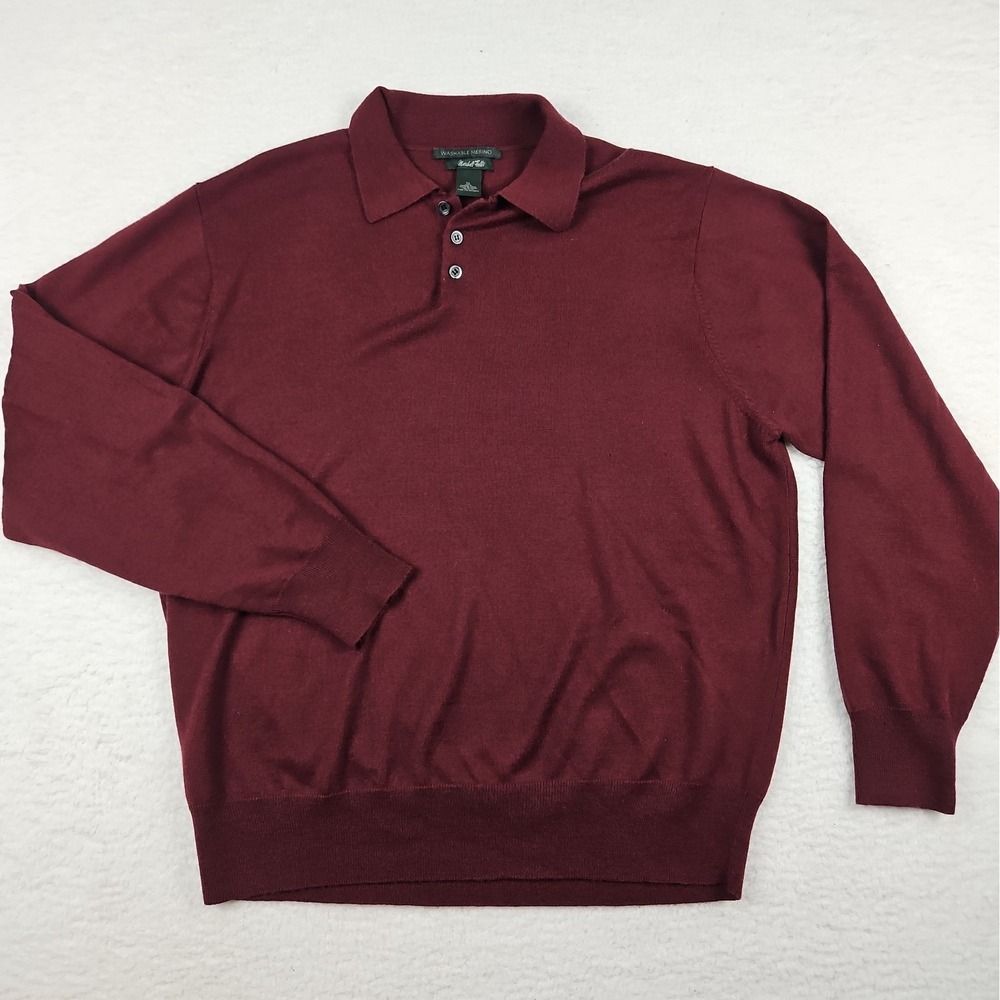 Marshall Fields Men's Polo Sweater Maroon Washable 100% Merino Wool Lightweight